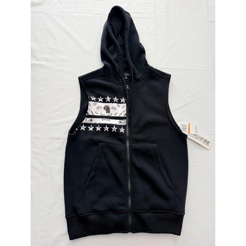 Ring Of Fire Shadow Vest Mens Small Black Hooded Paisley Full‎ Zip Fleece Lined